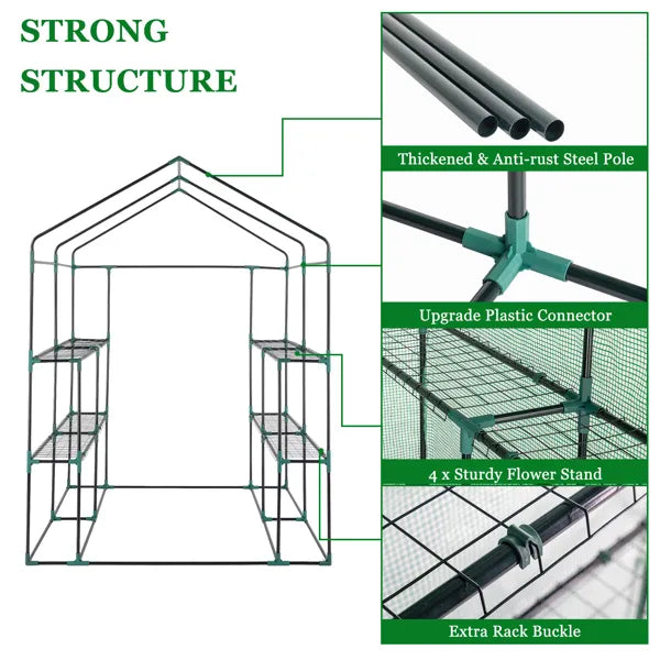 143x143x195cm Black Iron Pipe Steeple With 8 Pieces Grid Flower Stand With Zipper Rolling Door PE Cloth Greenhouse - view 6