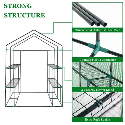 143x143x195cm Black Iron Pipe Steeple With 8 Pieces Grid Flower Stand With Zipper Rolling Door PE Cloth Greenhouse - view 6