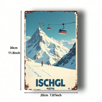1pc 2D Flat Metal Sign Winter Ski Resort Ischgl Austria Snow Scene Tin Art Square Iron Hanging Painting - view 2