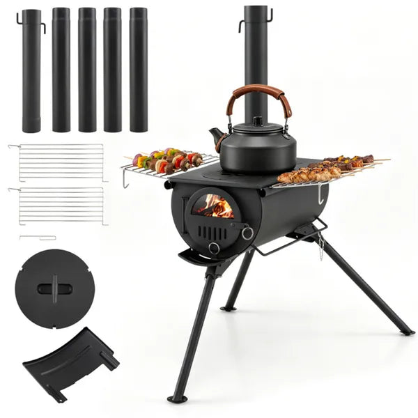 Portable Foldable Wood Burning Tent Stove With 5 Sections Chimney, Heavy Duty Carbon Steel Camping Stove With View