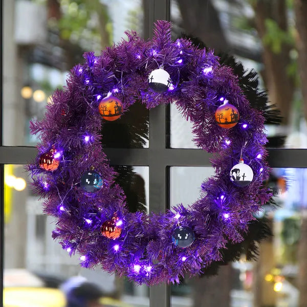 24in Pre-lit Halloween-Themed Christmas Wreath, Lighted Artificial Xmas Wreath With 50 Purple & Orange Lights And - view 4