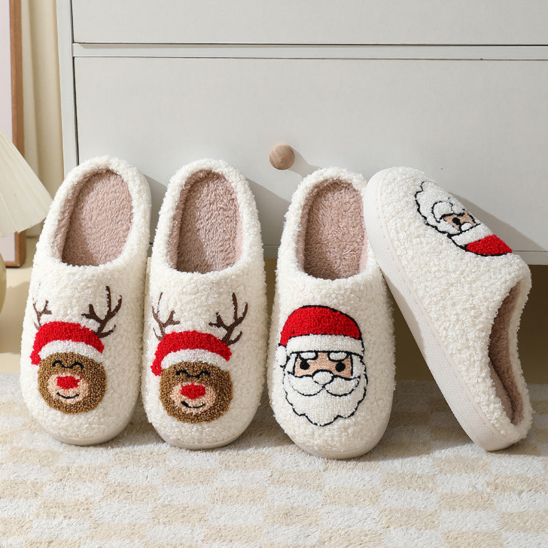 Christmas Home Slippers Cute Cartoon Santa Claus Cotton Slippers For Women And Men Couples Winter Warm Furry Shoes - view 3