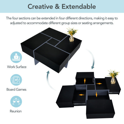 Unique Design Coffee Table With 4 Hidden Storage Compartments, Square Cocktail Table With Extendable Sliding Tabletop - view 2