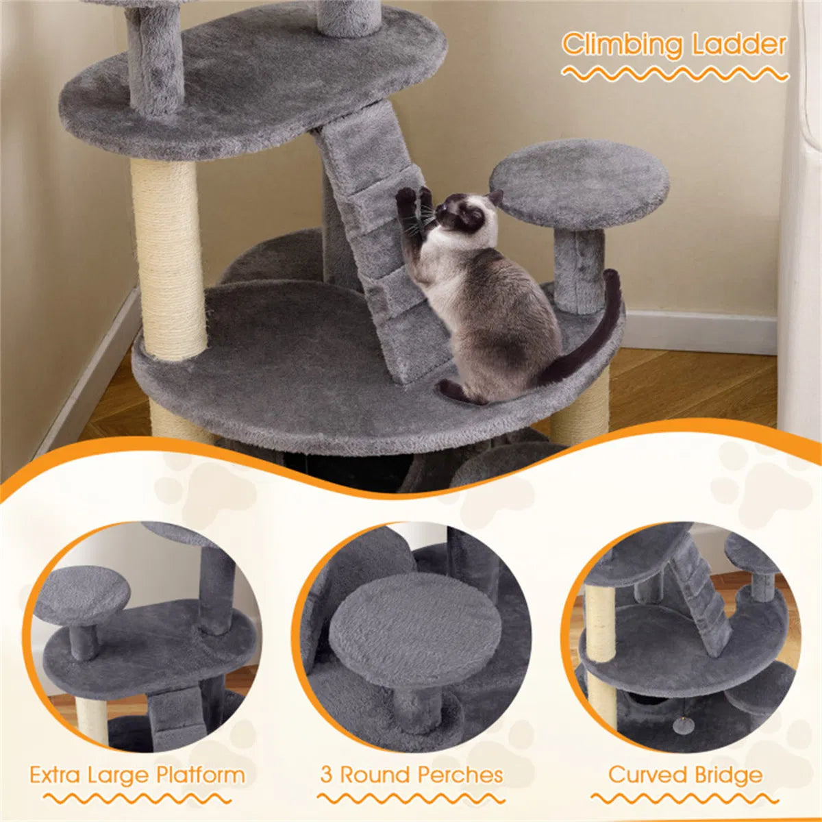 40" Multi-Level Cat Tree for Munchkin & Old Cats - Stable Wide Base, Soft Padded Perch + Large Condo (Gray) - view 6