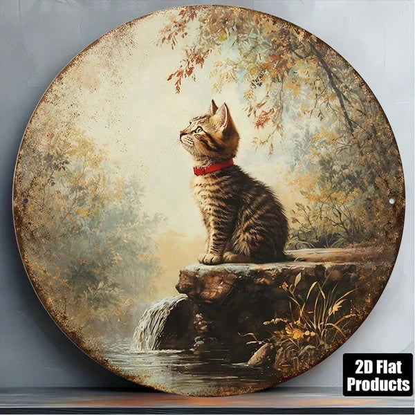Vintage Tabby Cat Wall Art, Tabby Cat Wall Art, Wall Art, Round Kitten Plaque With Waterfall Stream - view 5