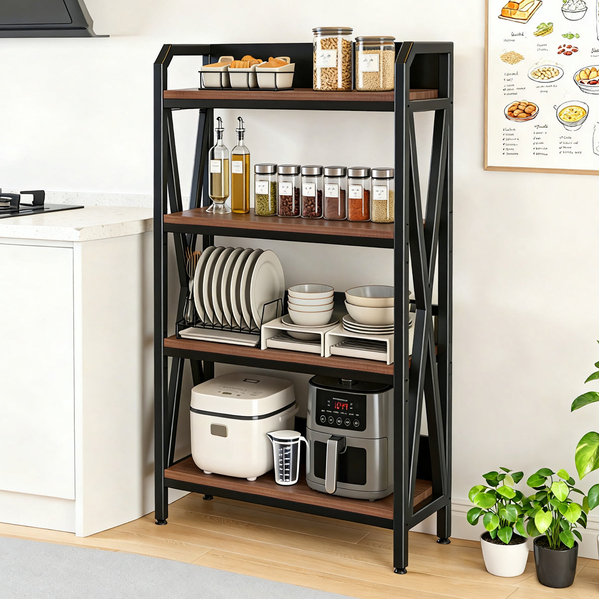 56.30'' Bakers Rack 4-Level Storage Shelves Metal And Wooden Kitchen Shelves, Kitchen Organizers And Storage