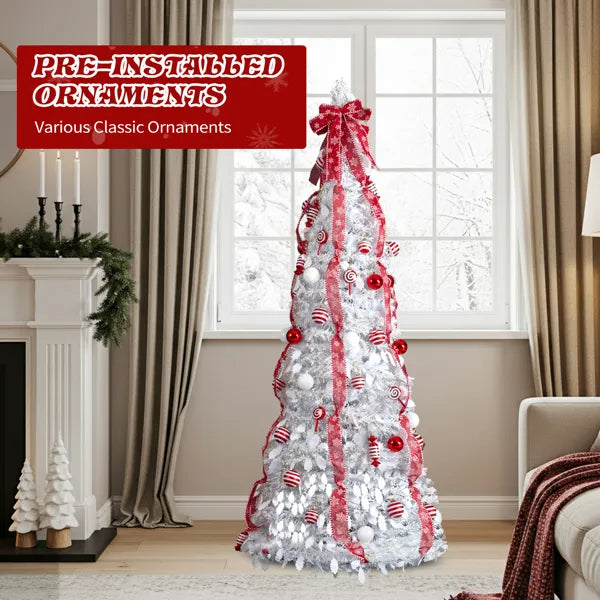 6 FT Fully Decorated Pre-lit Christmas Tree, Pop Up Artificial Xmas Tree With 100 Warm Lights And Red Ornaments - view 4