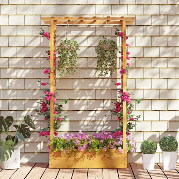 70" Tall Pine Wood Raised Garden Bed With Trellis & Flat Roof, Open-Ended Base Planter For Climbing Plants/Vegetables - view 3