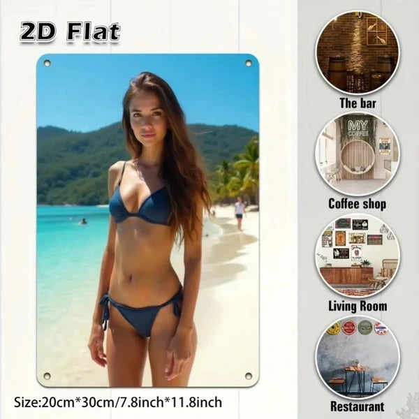 Funny Bikini Girl Metal Wall Sign, Vintage Pin Up Retro Bar Decor, Durable 2D Printed Tin Art
