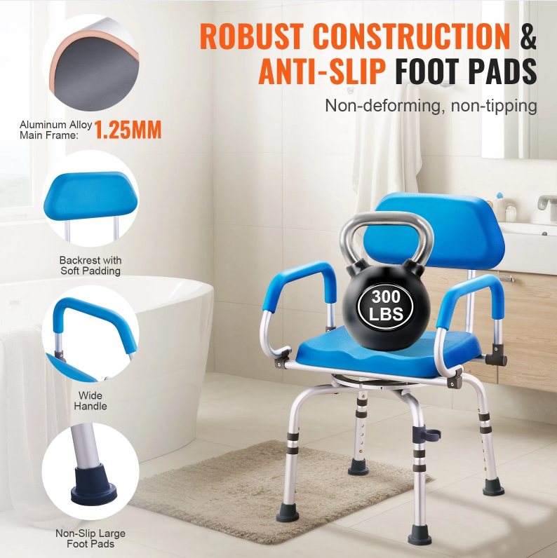 Swivel Shower Chair 360 Degree, Adjustable Shower Seat With Pivoting Arms & Padded Bath Seat For Inside Shower Or Tub - view 6