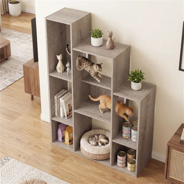 Cat Bookshelf Cabinet (Gray Oak), 8 Organized Storage Sections & Multiple Climbing Platforms - view 3