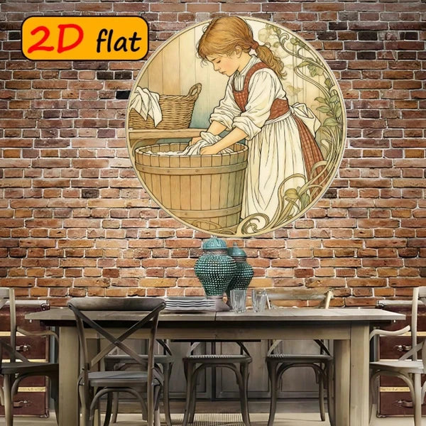 2D Flat Round Aluminum Sign Vintage Girl Doing, Vintage Girl, Doing Laundry Wall Decor 7.87x7.87 Inch Outdoor Kitchen - view 4