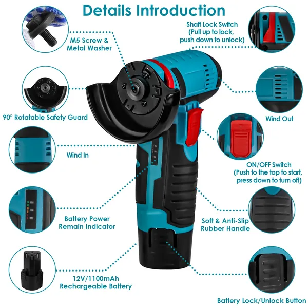 12V Cordless Mini Angle Grinder Hand Polishing Grinding Machine Cordless Cutter Grinding Tool With 7Pcs Disc 2Pcs - view 4