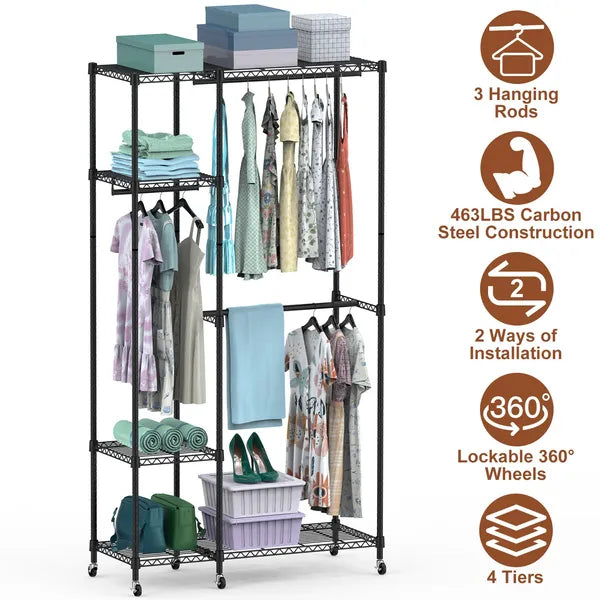 4 Tier Heavy Duty Garment Rack With Wheels Carbon Steel Clothing Rack Portable Wardrobe Clothes Rack With 3 Hanging