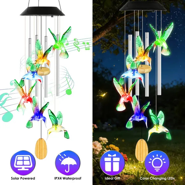 1Pc - 2Pcs Options - Solar Hummingbird Wind Chime With Aluminum Tubes 7 Color Changing Wind Chime For Outside IPX4