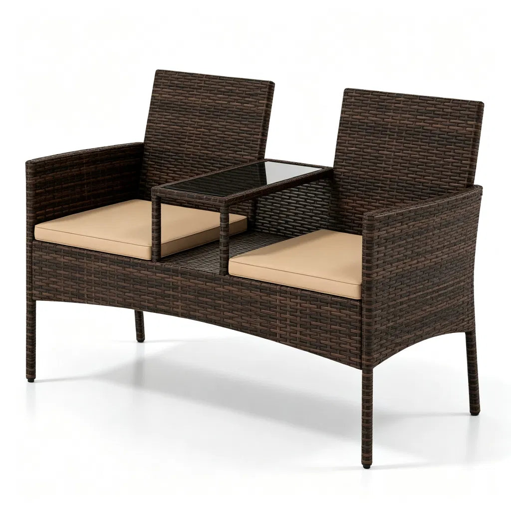 2-Seat PE Wicker Patio Loveseat Set, Outdoor Rattan Sofa with 2-Tier Tempered Glass Table - view 9