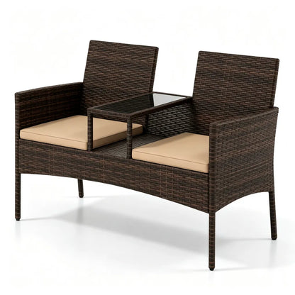 2-Seat PE Wicker Patio Loveseat Set, Outdoor Rattan Sofa with 2-Tier Tempered Glass Table - view 9
