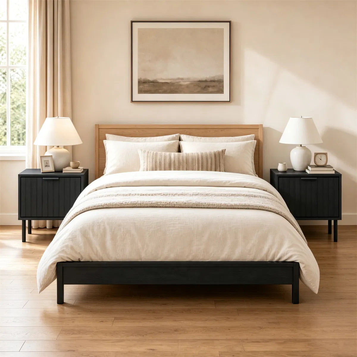 Black Fluted Drawer Nightstand Set of 2, Engineered Wood Metal Side End Table with Adjustable Foot Pads - view 8