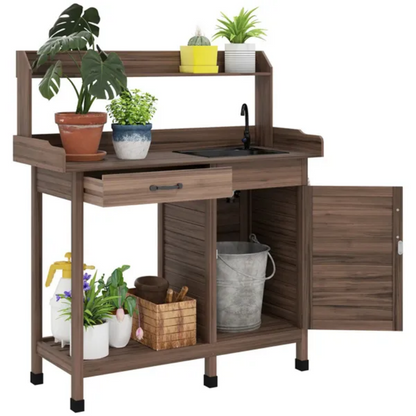 Dark Brown Outdoor Potting Bench With Storage Cabinet,Sink And Faucet