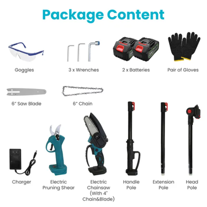 4 In 1 Cordless Pruning Shear And Electric Chainsaw With Max 5.5FT Extension Poles 4' 6' Pole Saw SK5 Blade Brushless