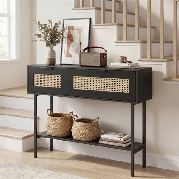 Black Rattan Console Table With Storage Cabinets & Open Shelf, 40 Inch Entryway Table With Sturdy Carbon Steel Frame - view 3