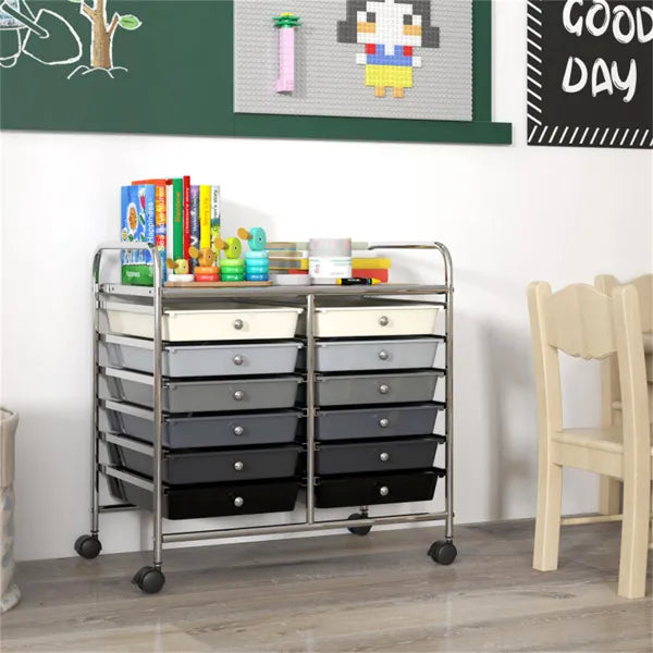 12-Drawer Rolling Storage Cart - 2-Row 10-Storey, Multicolor Drawers, 4 Wheels (2 Brake), -Gray - view 5