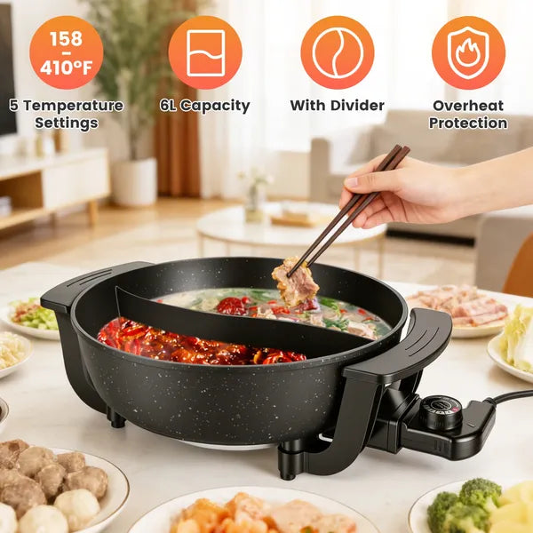 6L Large Capacity Electric Hot Pot With Divider, 5 Gear Adjustable Temperature Non-Stick Electric Cooker