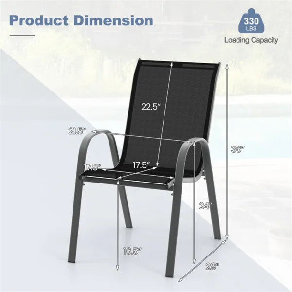 Black 2 Pack Stackable Patio Dining Chairs, Ergonomic Steel Frame Breathable Fabric Outdoor Chairs 330 LBS Capacity - view 5