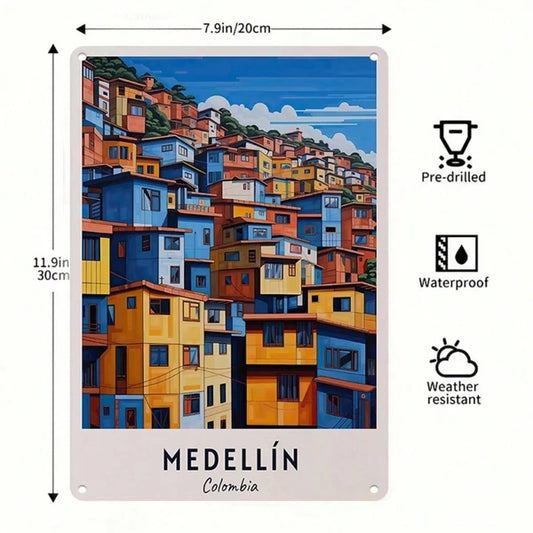 1pc Retro Medellin Colombia Travel Metal Tin Sign, Vibrant Hillside Wall Art - view 2