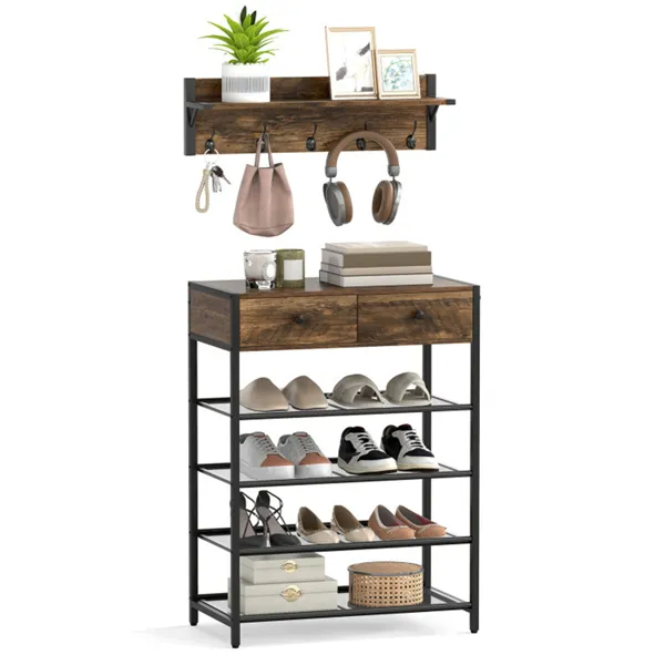 Multifunctional Entryway Storage - 5-Hook Coat Rack 2-Drawer Shoe Stand With 4 Mesh Shelves - view 4