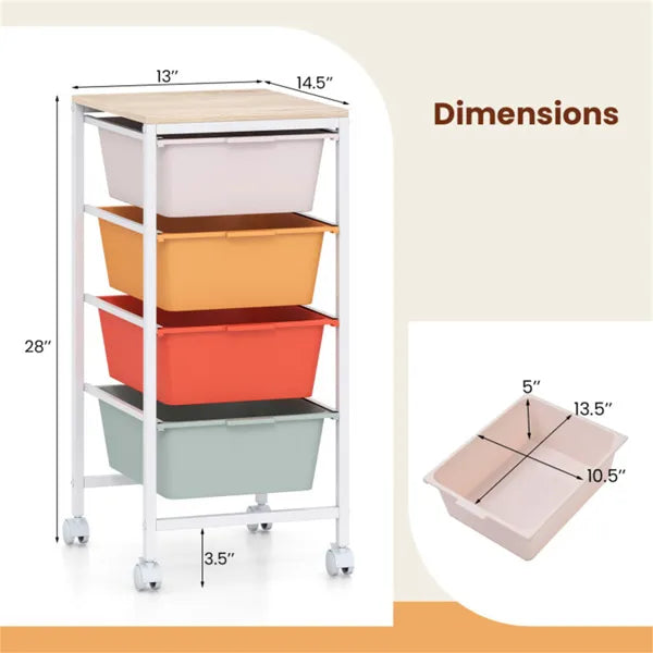 4-Drawer Rolling Storage Cart, Mobile Utility Organizer With MDF Wooden Top (Macaron) - view 4