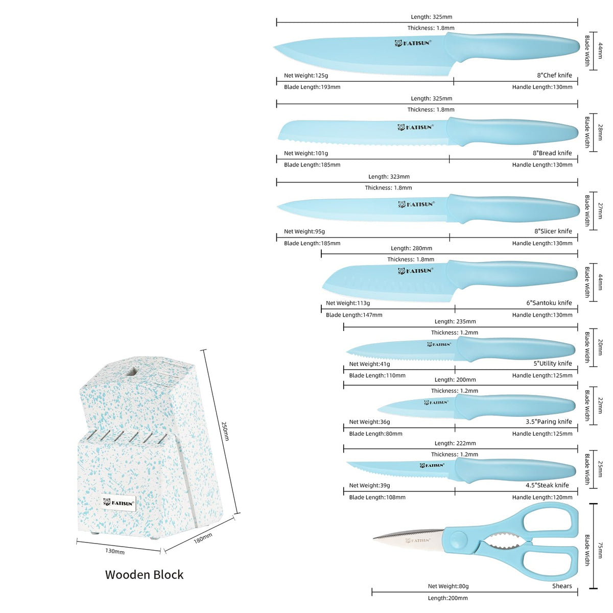 Kitchen Knife Set With Block, 14 Piece BLUE Non-Stick Paint Coating Stainless Steel Knives Set - view 2