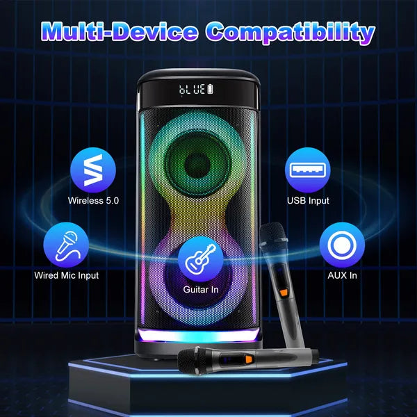 Portable Wireless Party Speaker With LED Light Wireless Mic Remote Control TWS Treble Bass Mic. Echo Music Accompany - view 7