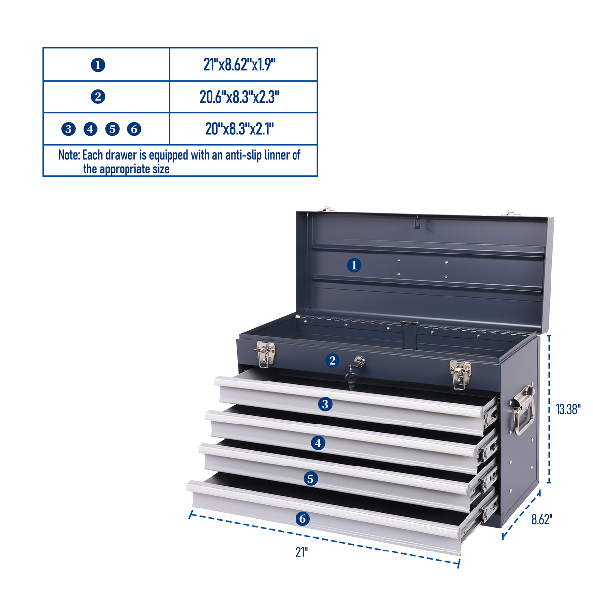 Heavy Duty Metal Tool Box, 21-inch, Portable Metal Tool Box With 4 Drawers, Small Tool Chest With EVA Liners - view 5