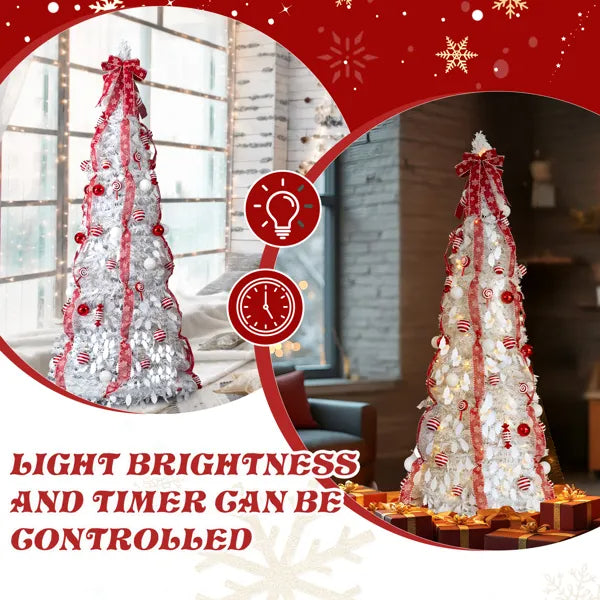 6 FT Fully Decorated Pre-lit Christmas Tree, Pop Up Artificial Xmas Tree With 100 Warm Lights And Red Ornaments - view 8