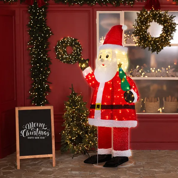 6FT Lighted Santa Christmas Yard Decorations, Pre-lit Pull Up Santa Waving Hand With 180 LED Warm White Lights