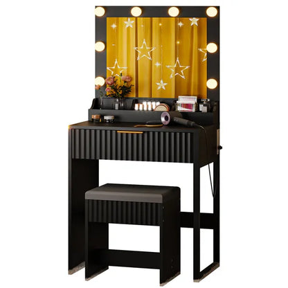 Black Particleboard with a 3-compartment, 1-drawer Dressing Table Set with 8 Three-tone Light Bulbs, Power Strip - view 5