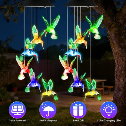 2PCS Hummingbird Solar Wind Chimes With Color Changing LED Lights, Waterproof Solar Powered Wind Chime For Outdoor