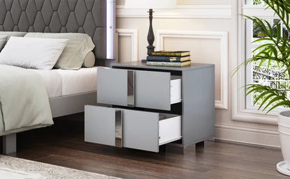 Elegant Nightstand With Metal Foot, Mirrored Bedside Table With 2 Drawers For Bedroom, Living Room, Gray - view 3
