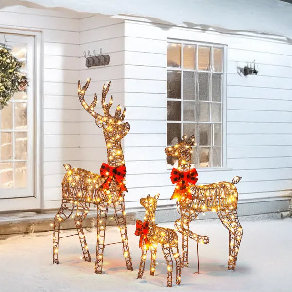 3-Piece Lighted Christmas Reindeer Family Set Outdoor Decorations, Weather Proof Rattan Deer Family Set Of 3 Christmas - view 3