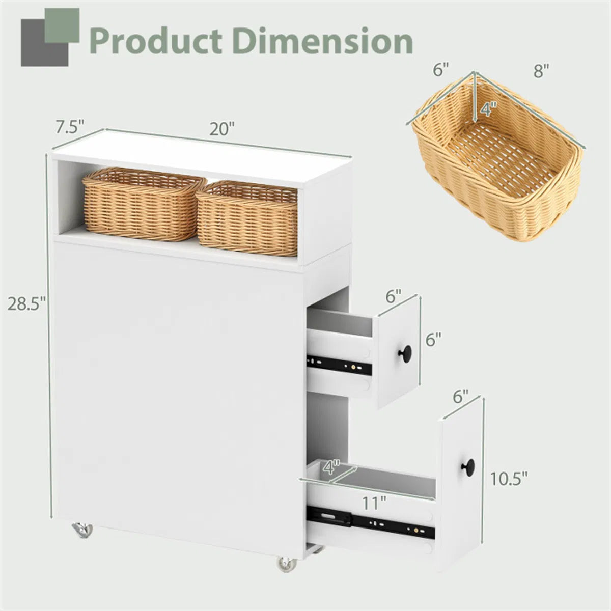 Slim White Bathroom Storage Cabinet (20" x7.5" x28.5") - Fits Tight Spaces (Tub-Toilet Gap)