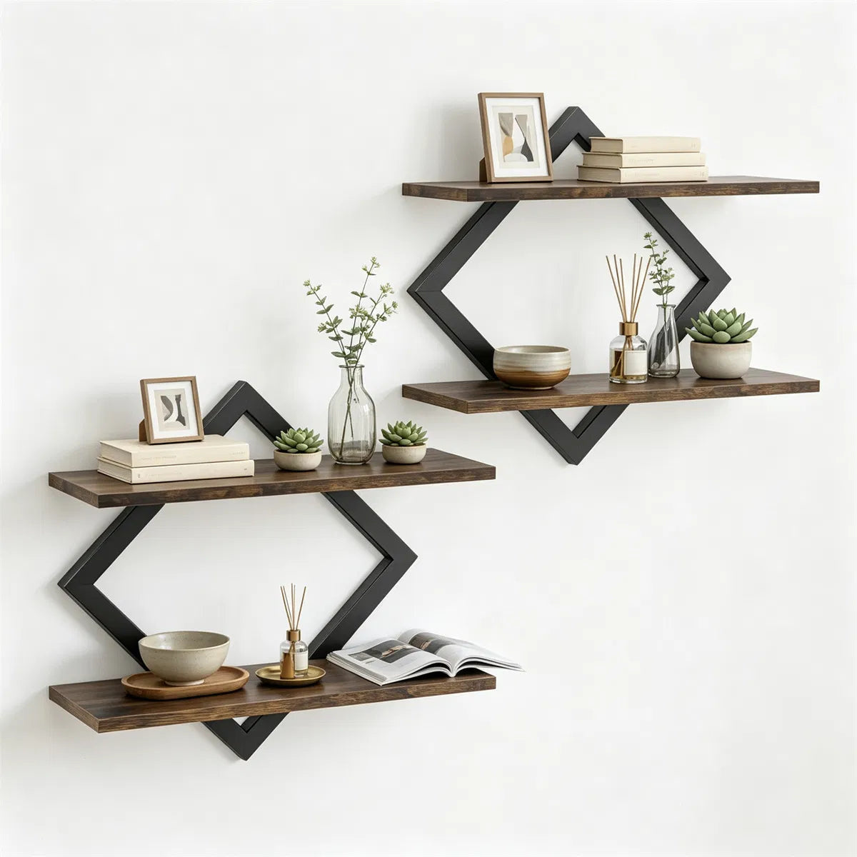 Black Rustic Brown 2Tier Floating Wall Shelves Set of 2, Diamond Metal Frame Wall Mounted Storage Shelves for Living