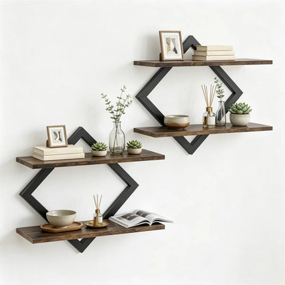 Black Rustic Brown 2Tier Floating Wall Shelves Set of 2, Diamond Metal Frame Wall Mounted Storage Shelves for Living