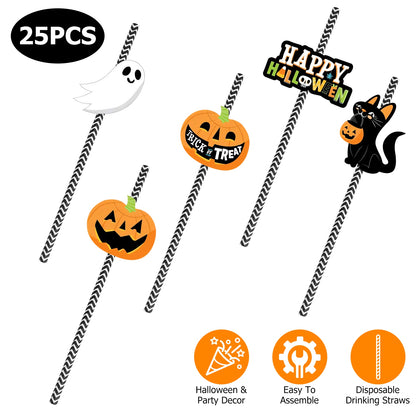 Set Of 25Pcs Halloween Party Striped Decorative Straws Disposable Drinking Straws Paper Straw Decor Happy Halloween - view 10