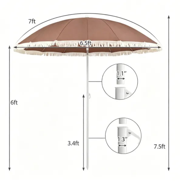 7 FT Boho Patio Umbrella With Fringe Tassel, 30' Adjustable Tilt Outdoor Sun Canopy - view 6