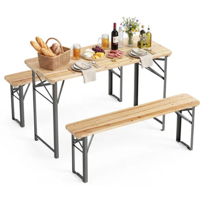 47" Foldable Picnic Table With 2 Benches, Solid Fir Wood Outdoor Dining Set With Sturdy Metal Frame For Patio Garden - view 4