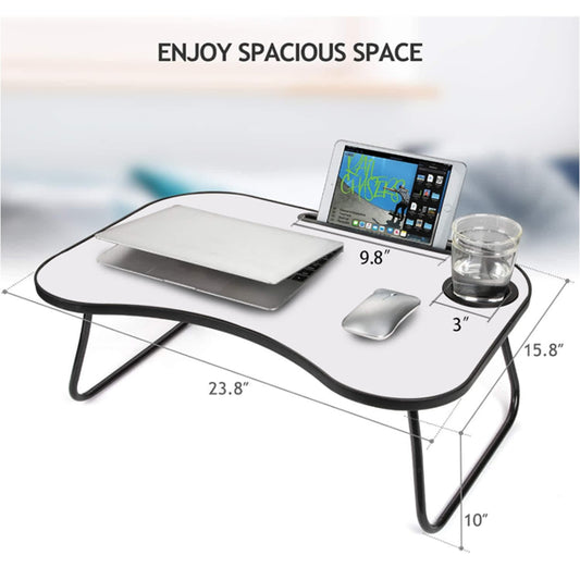 Portable Laptop Desk, Gray And White Matte Metal And Wood Construction, Foldable Design With Cup Holder - view 2