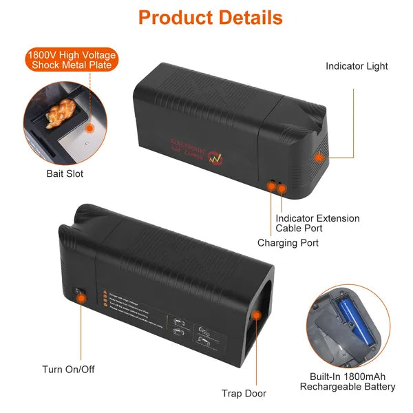 Electric Rat Trap Reusable Mice Trap Rodent Zapper Indoor Pest Control Rechargeable Shock Mice Killer With 1800V High - view 9