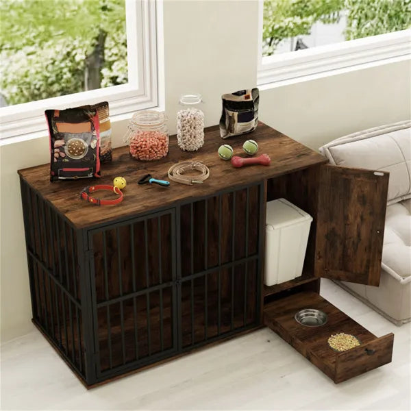 Coffee 2-in-1 Dog Crate End Table With Pull-Out Feeder, Chew-Resistant Metal Tube Pet Furniture For Small & Medium Dogs - view 2