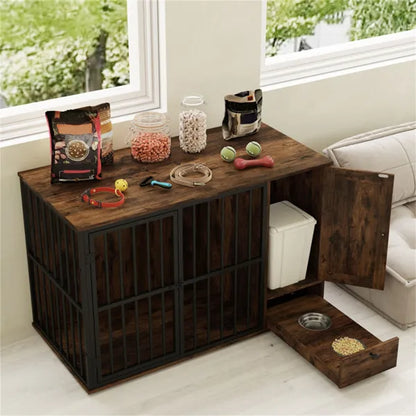 Coffee 2-in-1 Dog Crate End Table With Pull-Out Feeder, Chew-Resistant Metal Tube Pet Furniture For Small & Medium Dogs - view 2